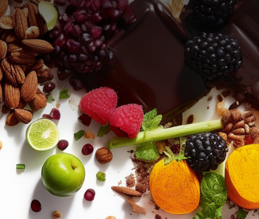 A spread of different chocolate, fruits, seeds and nuts on a white background