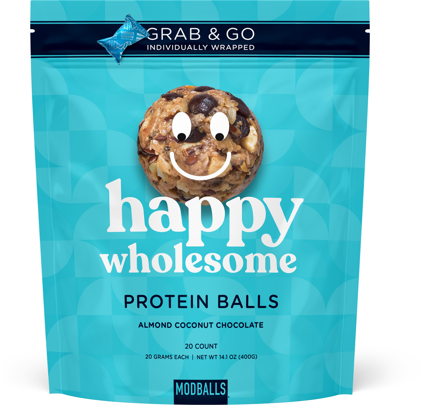 Almond coconut protein ball front of package with smiley face on the ball