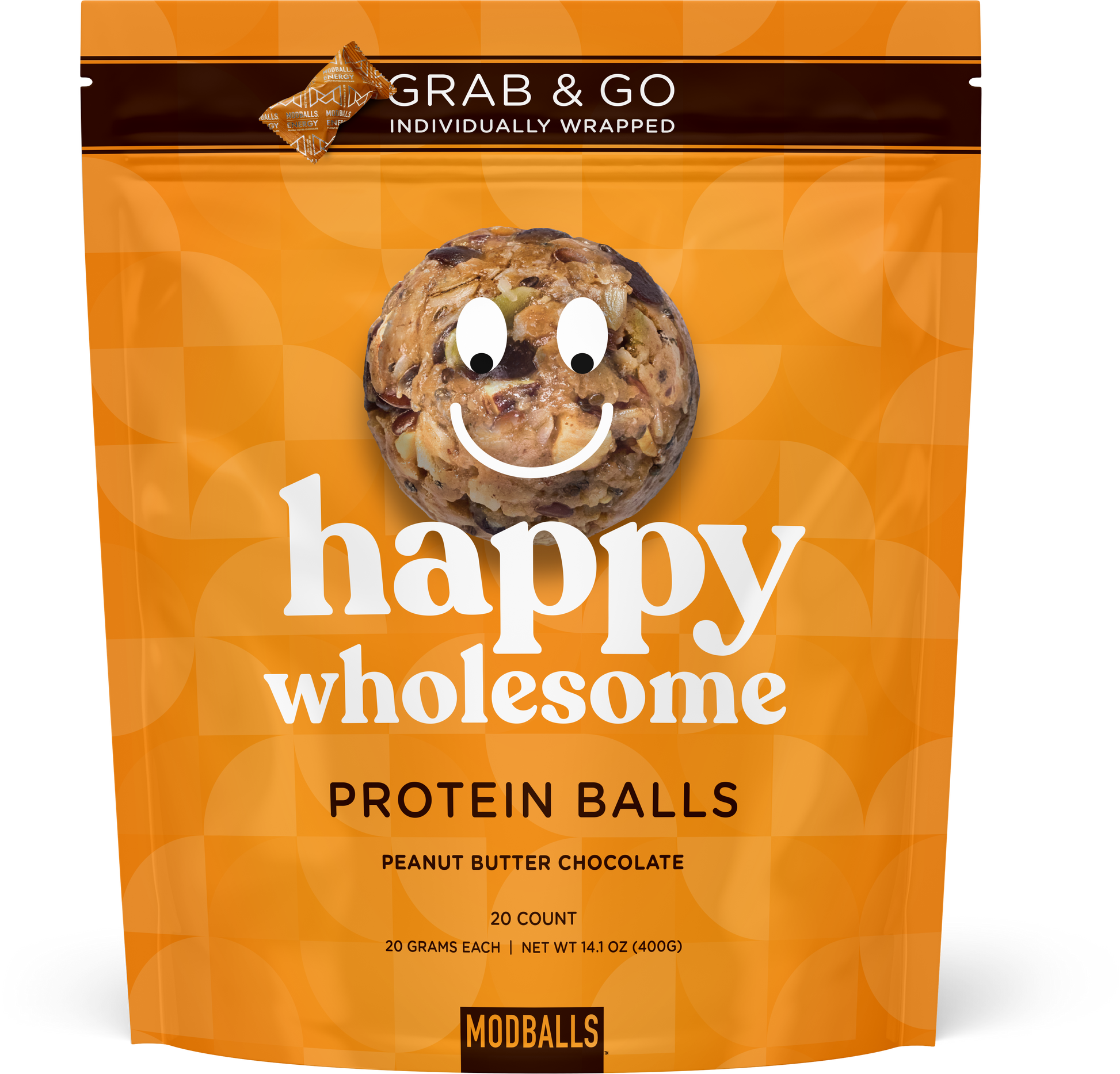 Peanut butter protein ball snack front of package with smiley face on the ball