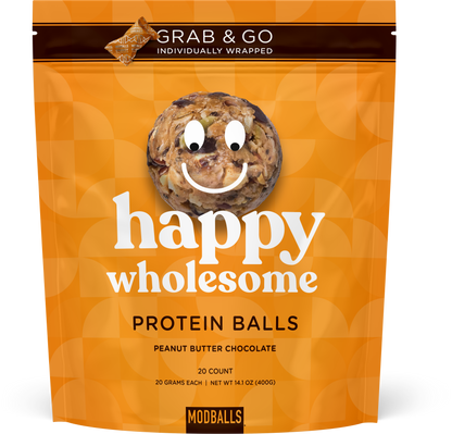 Peanut butter protein ball snack front of package with smiley face on the ball